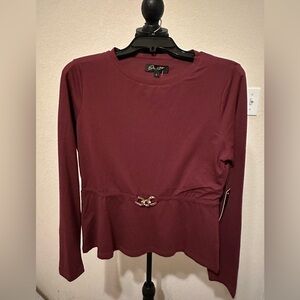burgundy long-sleeve peplum blouse Top with Waist Accent. Size Large. NWT
